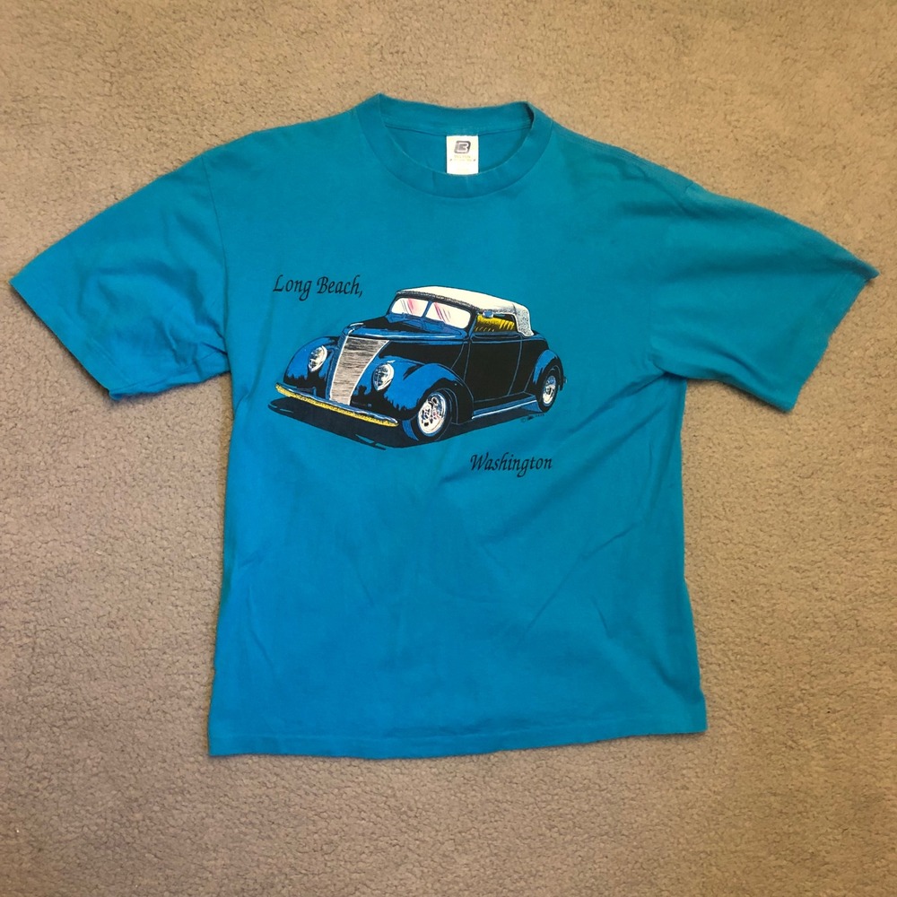 Vtg‎ Belton Tough Tee Hot Rod Car Shirt Teal 100% Cotton Large Long Beach WA